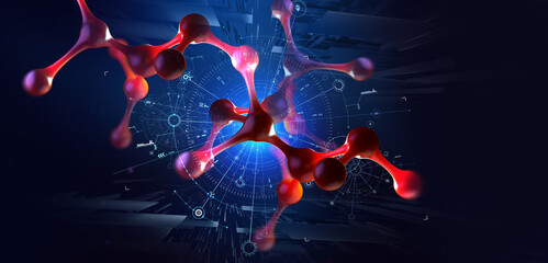 Poster - Genome structure. Medical research and Internet technologies. Nanotechnology in action. Molecule 3D illustration. Lab of the future and collecting global data