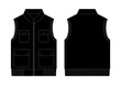 Black Vest With Multiple Pockets Template on White Background. Front and Back View, Vector File