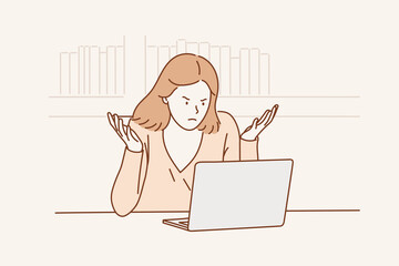 Upset woman frustrated with work problems, broken laptop, unpleasant online news. Hand drawn style vector design illustrations.