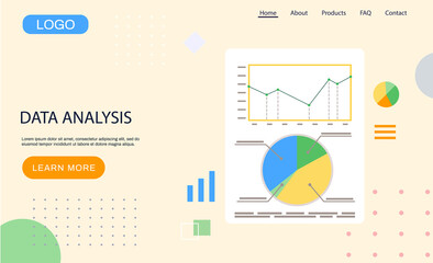 Fototapete - Data analysis landing page template, research, business data on presentation banner, graph and chart. Business growth with advanced innovative marketing plan, Financial success, project management