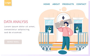Fototapete - Data analysis landing page template with businessman holding board with text over his head, working analysts. Man standing on doorstep with information block. Trendy flat style business illustration