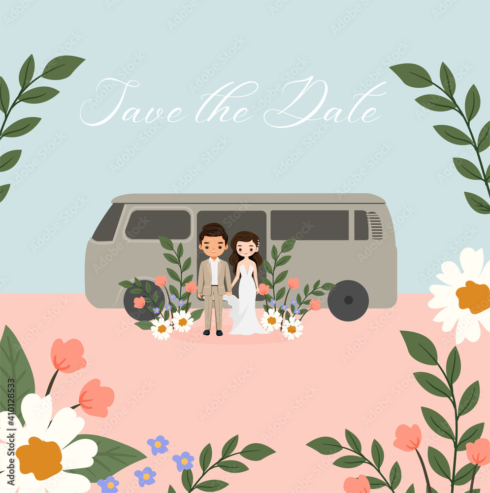cute bride and groom with the car for wedding invitation card design ...