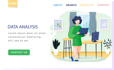 Fototapete - Data analysis landing page template with woman analyst working with laptop. Businesswoman giving presentation with report. Smiling girl freelancer enterpreneur performs work or studying on computer