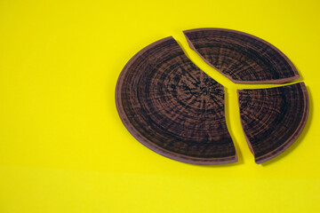 Broken clay plate with a beautiful pattern on a yellow background. Free space for text. The pottery is divided into three parts. Accident in everyday life in the kitchen