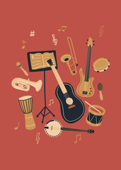 Vector music design with musical instruments and musical equipment . Cartoon doodle illustration for invitation, card, poster, print or flyer.