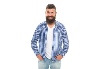 happy bearded man in casual checkered shirt isolated on white, positive emotions