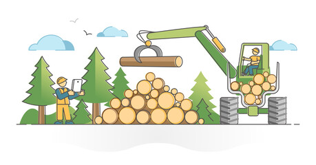 Logging wood pile as professional industrial forest tree cut outline concept