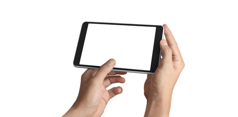 Hands holding  tablet touch computer gadget with  screen