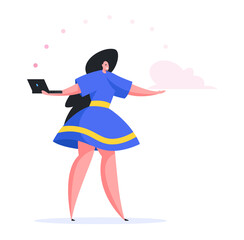 Poster - Woman storing data in cloud storage. Flat vector illustration
