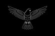 Engraving of stylized dove on black background. Decorative bird. Linear drawing. Flying bird. Stencil art. Dove of peace.