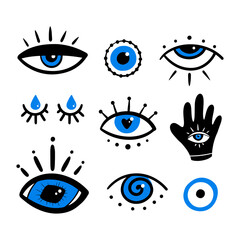 Set, collection of various mystical decorative eyes, evil eyes symbols. Intuition and spirituality concept.