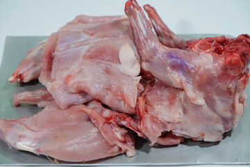 Rabbit pieces. Dietary meat. Market.