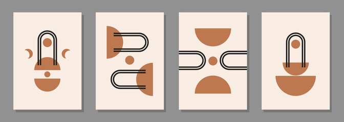 Aufkleber - Modern abstract set aesthetic backgrounds with geometric balance shapes and lines. Wall decor in boho style.  Mid century vector print for cover, wallpaper, card, social media, interior decor
