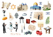 Welcome To Israel Set. Landmarks, Objects, Symbols, Traditions Collection. Hand Drawn Watercolor Illustration, Isolated On White Background