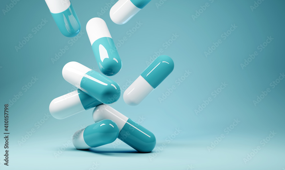 A group of antibiotic pill capsules falling. Healthcare and medical 3D illustration background. - obrazy, fototapety, plakaty 
