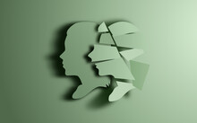 Womens Head Silhouette, One Fractured The Other Fine. Mental Health Concept, Talking Therapy. Vector Illustration.
