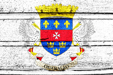 National flag of Saint Barthelemy, abbreviated with bl; a realistic 3d image of the national symbol from an independent country painted on a wooden wall