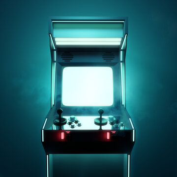 a retro video games arcade fighting machine for two players, with a large blank screen. 3d render il