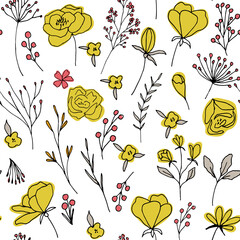 Poster - Floral vector seamless pattern with  flowers, berries, leaves and twigs. Beautiful hand drawn bouquets in pastel colors in vintage style.