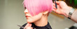 Male hairdresser makes short pink hairstyle for a young caucasian woman in a beauty salon