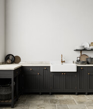 Black White Kitchen Interior With Sink, Furniture, Dishes And Decor. 3d Render Illustration Mock Up.