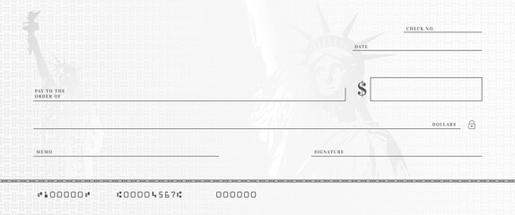 Blank money check template. Fake stimulus cheque mockup. Bank checkbook background.