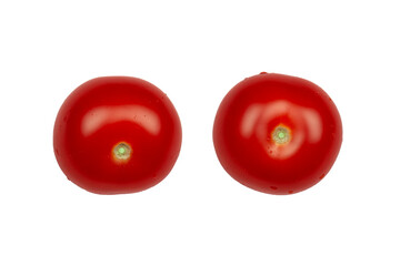 two red cocktail tomato without tails isolated on white background, close up