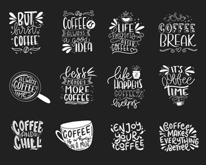 Coffee lettering typography set. Hand drawn lettering phrase. Modern motivating calligraphy decor. Scrapbooking or journaling card with quote.