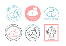 Cruelty Free Organic Natural Cosmetics Thin Line Icon Set, Symbols With Cute Bunny Rabbit