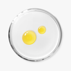 Two oil serum drops on petri dish isolated on white background realistic vector illustration, top view. Concept laboratory tests and research. Transparent chemistry glassware