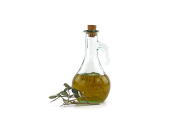 bottle of olive oil with olives isolated on white