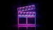 © RocknRoller Studios - Pink and blue neon light movie icon. Vibrant colored entertainment technology symbol, isolated on a black background. 3D Render