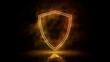 © RocknRoller Studios - Orange and yellow neon light shield icon. Vibrant colored technology symbol, isolated on a black background. 3D Render