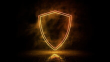 Orange And Yellow Neon Light Shield Icon. Vibrant Colored Technology Symbol, Isolated On A Black Background. 3D Render 