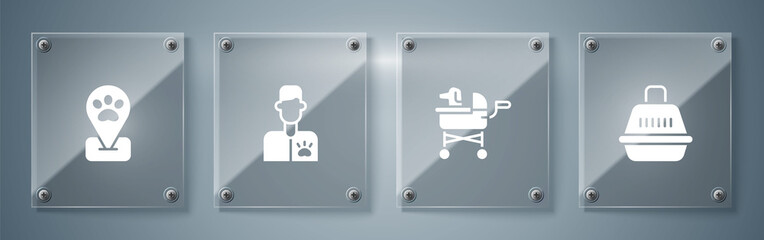 Canvas Print - Set Pet carry case, stroller, Veterinarian doctor and Location pet grooming. Square glass panels. Vector.