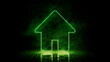 © RocknRoller Studios - Green neon light home icon. Vibrant colored technology symbol, isolated on a black background. 3D Render