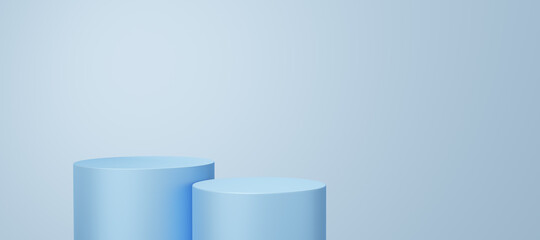 Wall Mural - Empty blue cylinder podium floating on white copy space background. Abstract minimal studio 3d geometric shape object. Monotone pedestal mockup space for display of product design. 3d rendering.