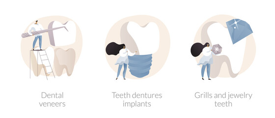 Poster - Teeth aesthetics abstract concept vector illustration set. Dental veneers, teeth dentures implant, grills jewelry, celebrity smile, whitening, cosmetic dentistry, orthodontic clinic abstract metaphor.