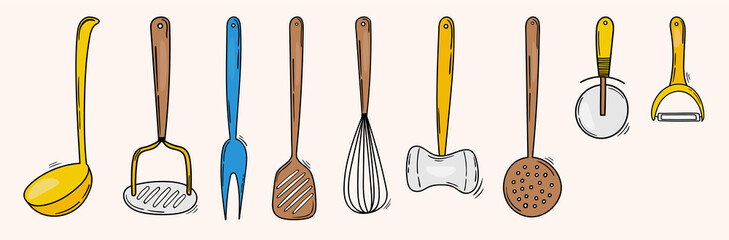 Kitchen utensils collection. Whisk, pizza cutter, spoon, potato pusher, peeler, slotted turner, hammer. Colorfull Hand drawn vector illustration. 