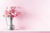 Fototapeta Kosmos - Fresh summer bouquet of pink cosmos flowers in vase on white wood shelf on pink wall background. Floral home decor.