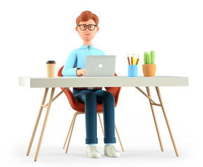 Poster - 3D illustration of smiling cute man working at the desk in modern office. Cartoon happy businessman or freelancer using laptop, isolated on white. Workplace concept.