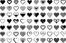 Hearts. Vector Stilyzed Black Hearts Set, Isolated On White Background. Symbols, Signs Flat Icons. Love, Valentine Icon Collection. 