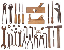 Collection Of Vintage Tools Such As Wrenches, Hammer, Chisels And Other Isolated On White Background, Top View
