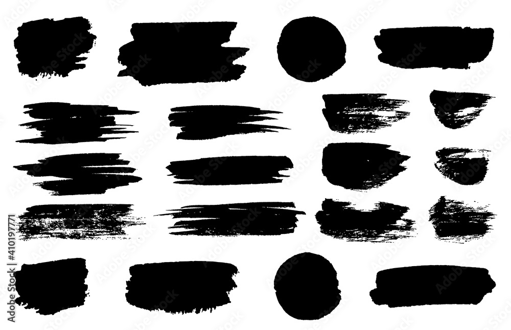 black paint brush spots, highlighter lines or felt-tip pen marker horizontal blobs. Marker pen or brushstrokes and dashes. Ink smudge abstract shape stains and smear set with texture - obrazy, fototapety, plakaty 
