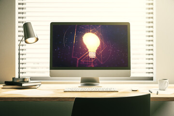 Poster - Creative light bulb illustration on modern computer monitor, future technology concept. 3D Rendering
