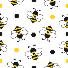 Wall Mural - Seamless pattern with flying bees. Vector cartoon black and yellow bees isolated on white background.