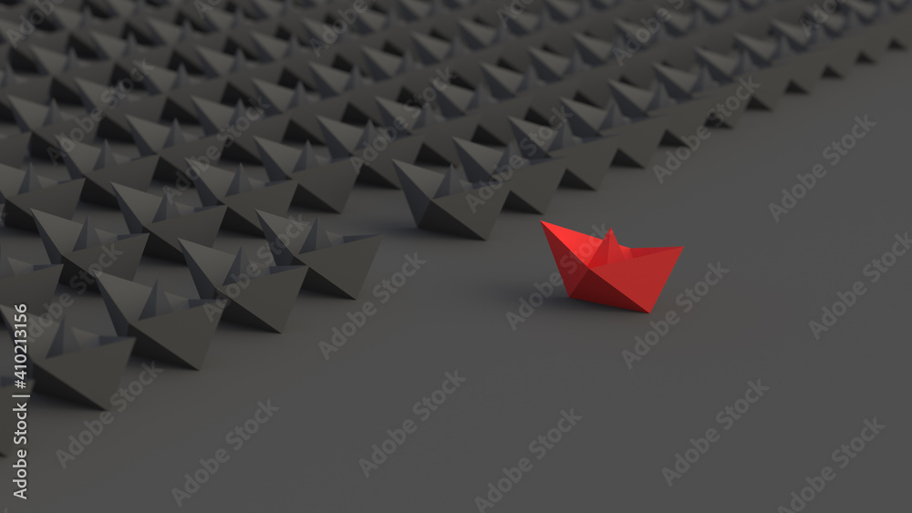 Leadership concept, red leader boat, standing out from the crowd of black boats, on black background. 3D Rendering - obrazy, fototapety, plakaty 