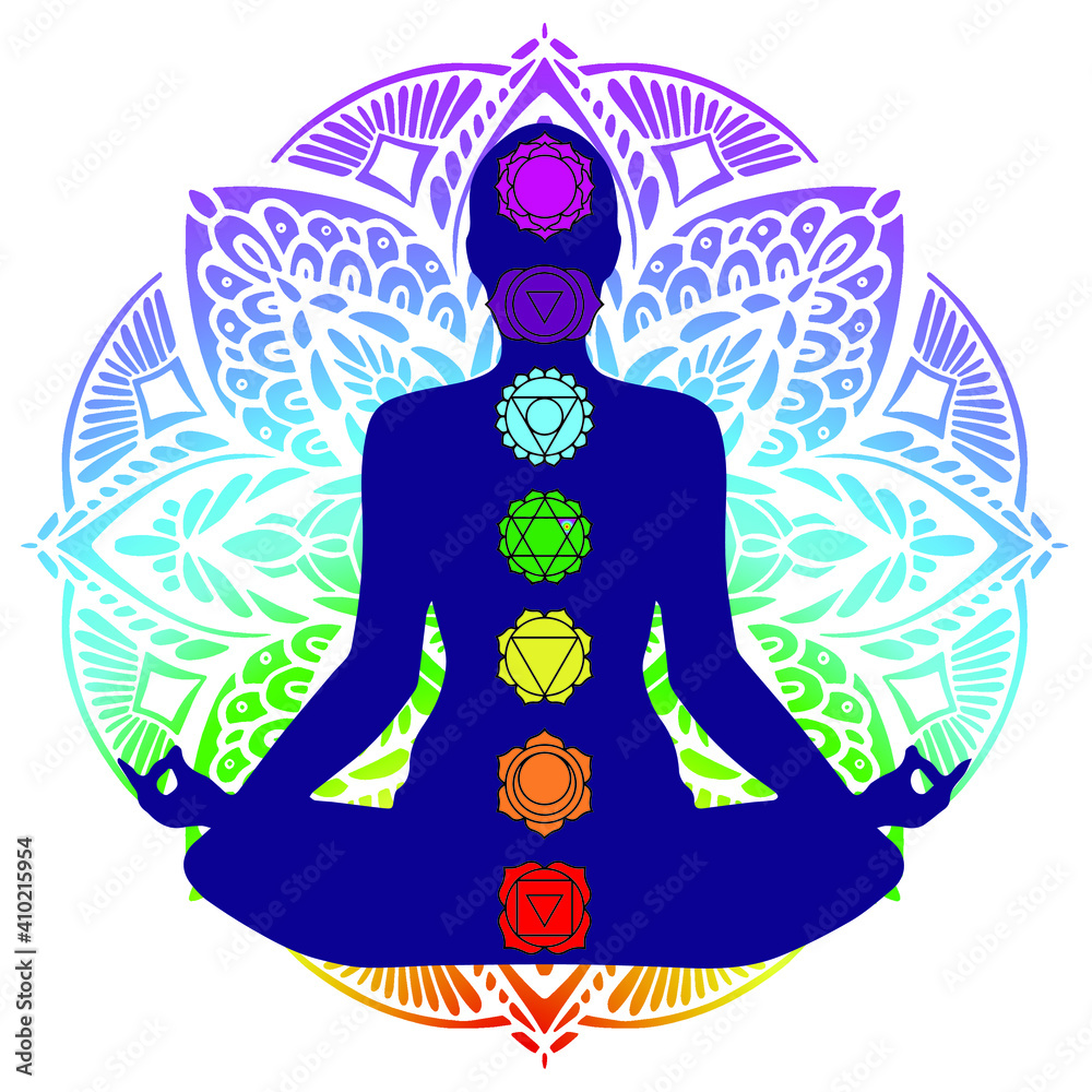 Human silhouette in yoga pose with chakras - obrazy, fototapety, plakaty 