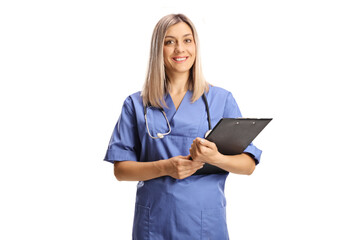 Sticker - Female health care worker in a blue uniform holding a clipboard