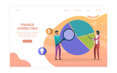 Poster - male and female characters are working on finance consulting. man and woman examine finances with ma